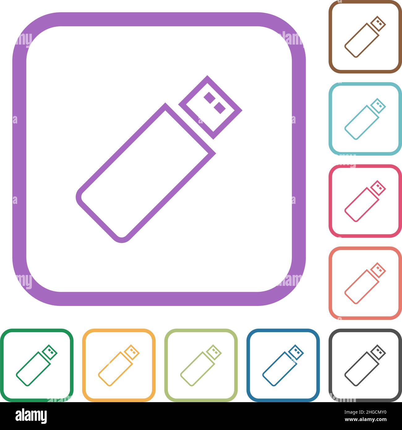 Pendrive outline simple icons in color rounded square frames on white background Stock Vector