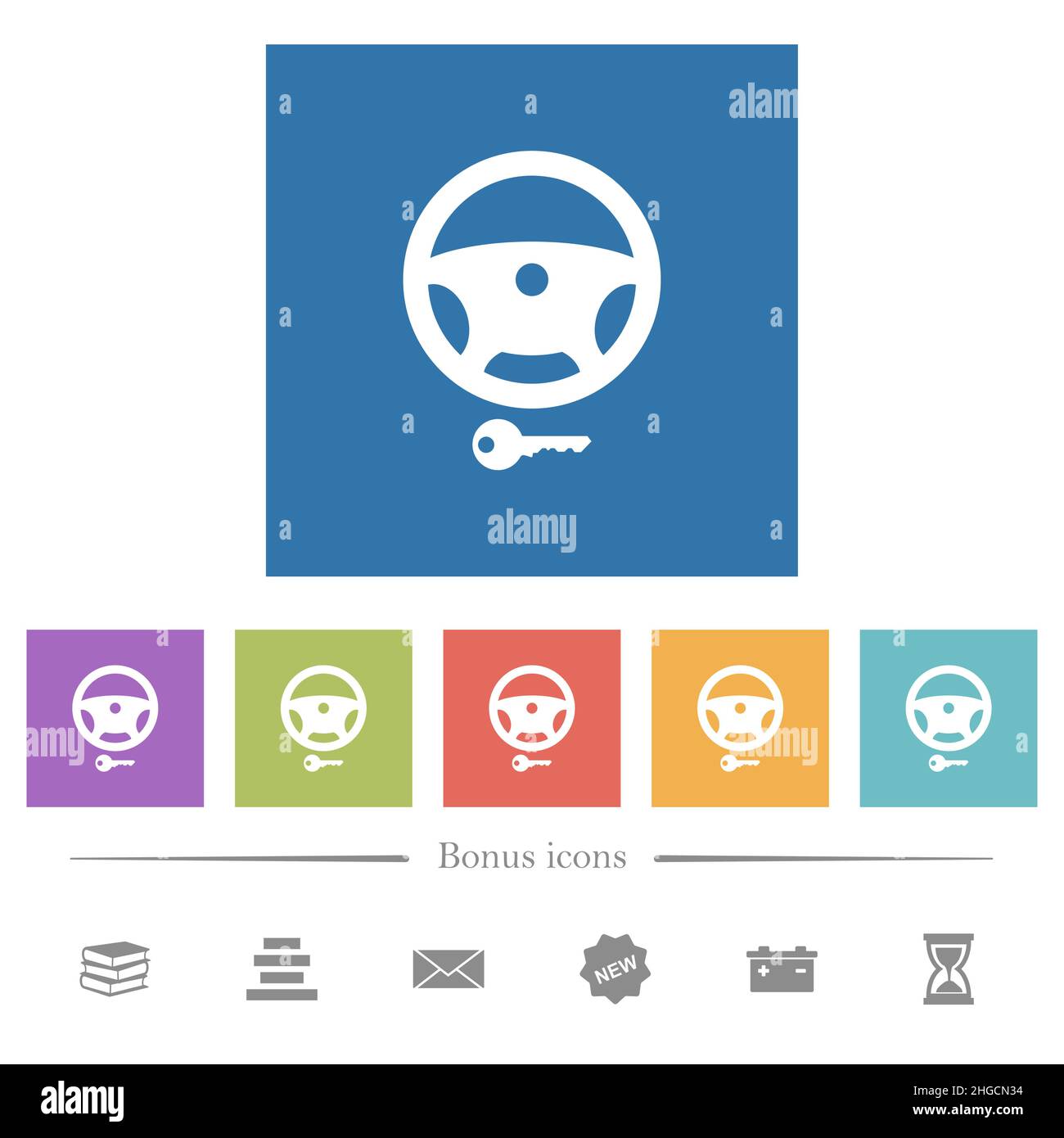 Steering lock flat white icons in square backgrounds. 6 bonus icons