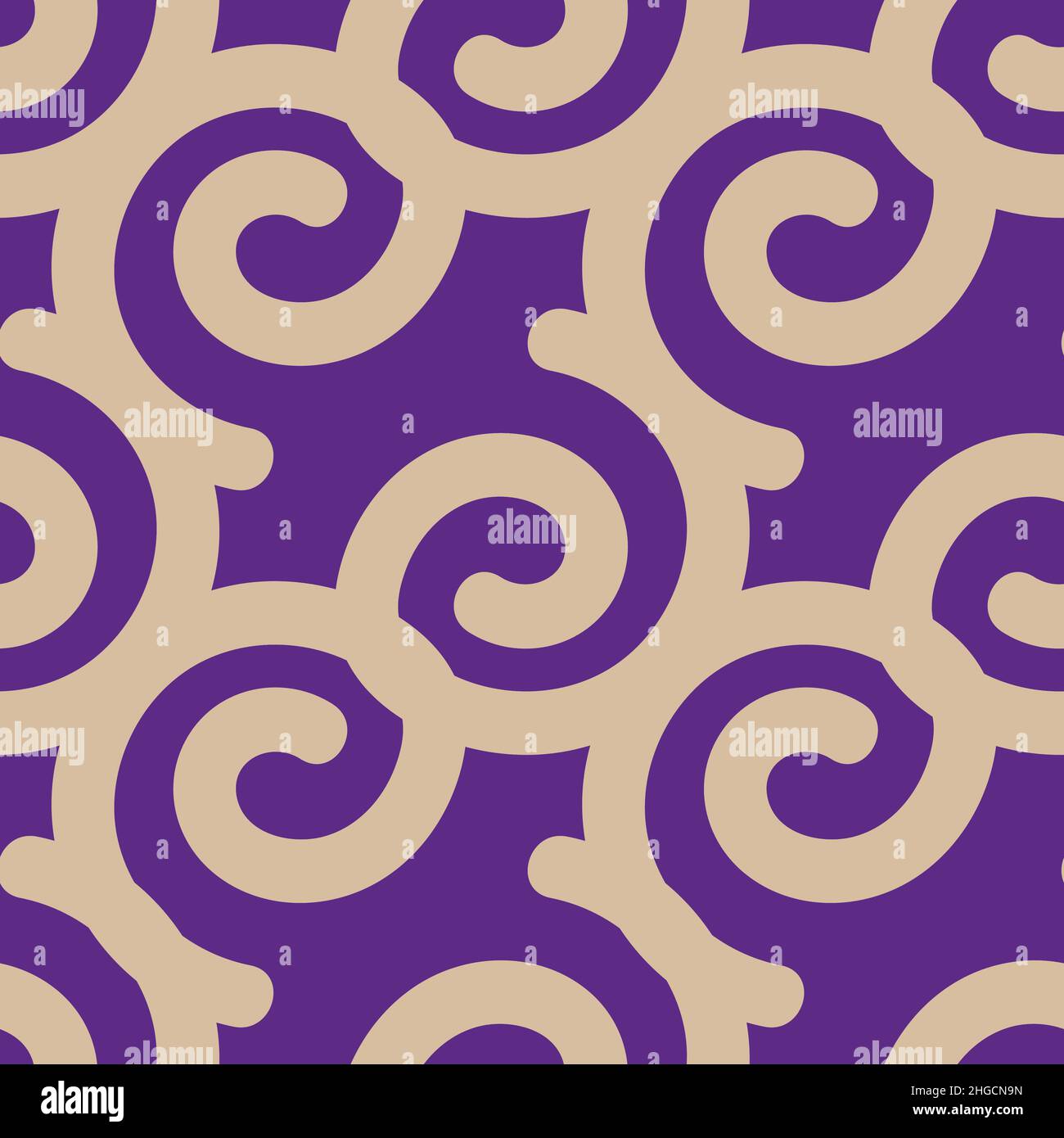 Beige spiral seamless pattern on purple background. Abstract retro background. Stock Vector