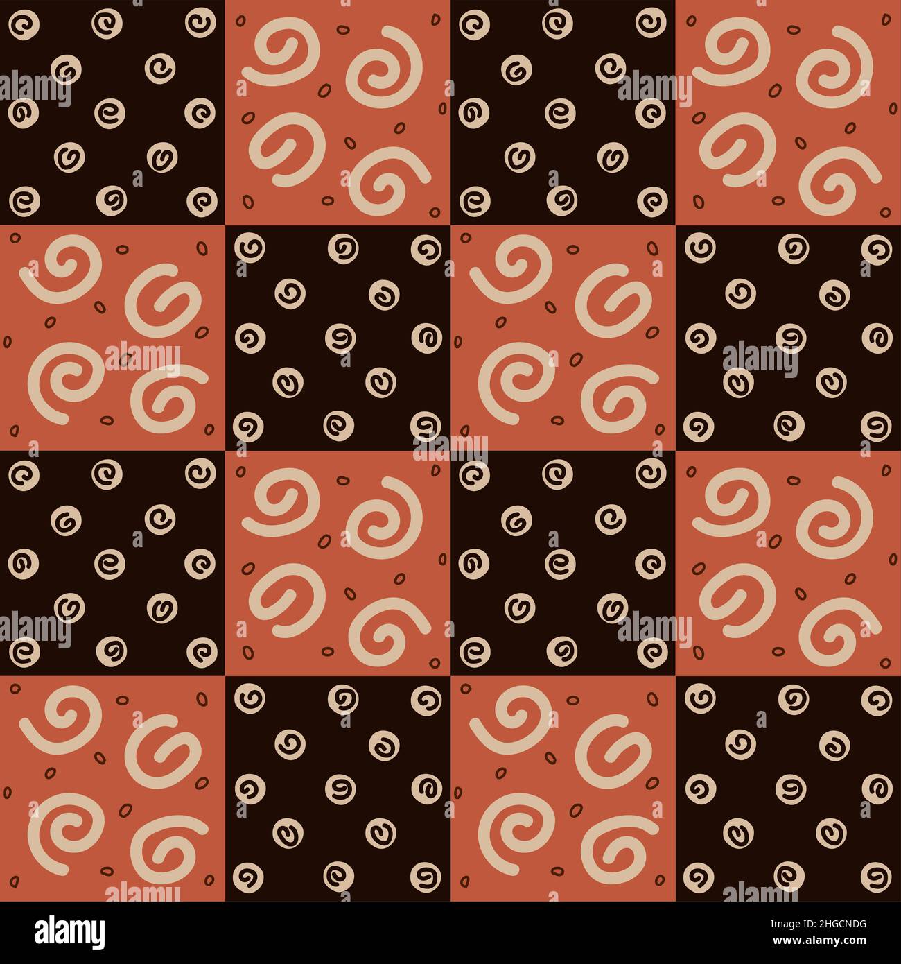 Black and brown checkered seamless pattern with circles and spiral ...