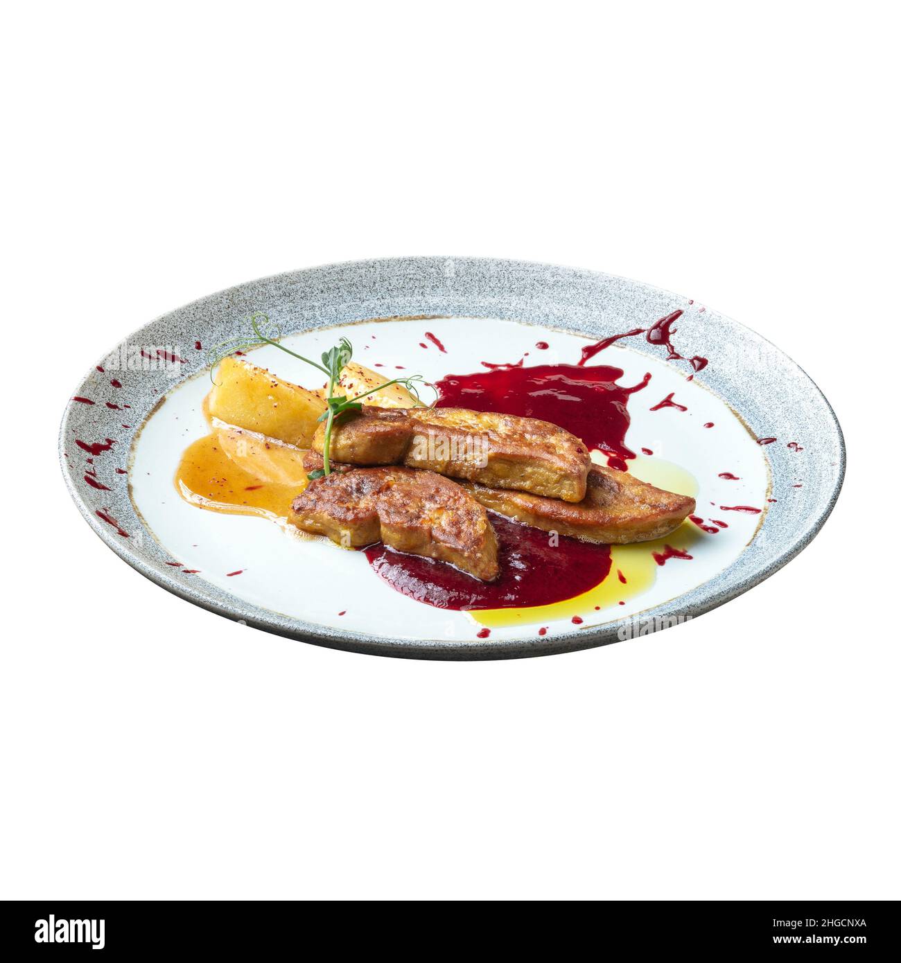 Isolated foie gras with apples and berry sauce Stock Photo