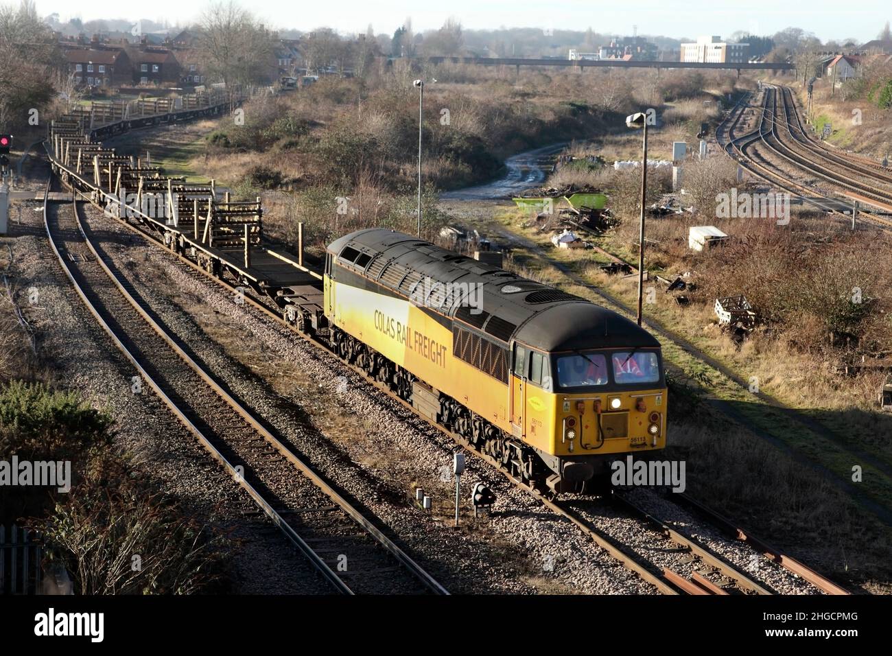 Colas Rail Class 56 loco 56113 hauls the 1012 York to Scunthorpe infrastructure service on the freight avoiding line through Scunthorpe on 18/01/22. Stock Photo