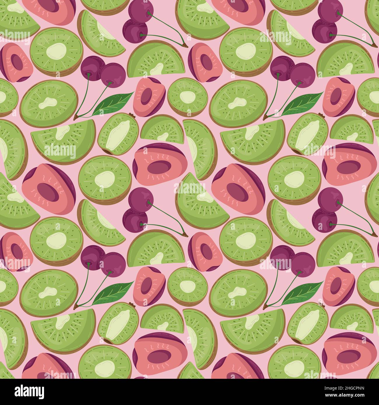 Fruit seamless pattern for textile products, cherry and kiwi pieces, bone and leaves in a flat style Stock Vector