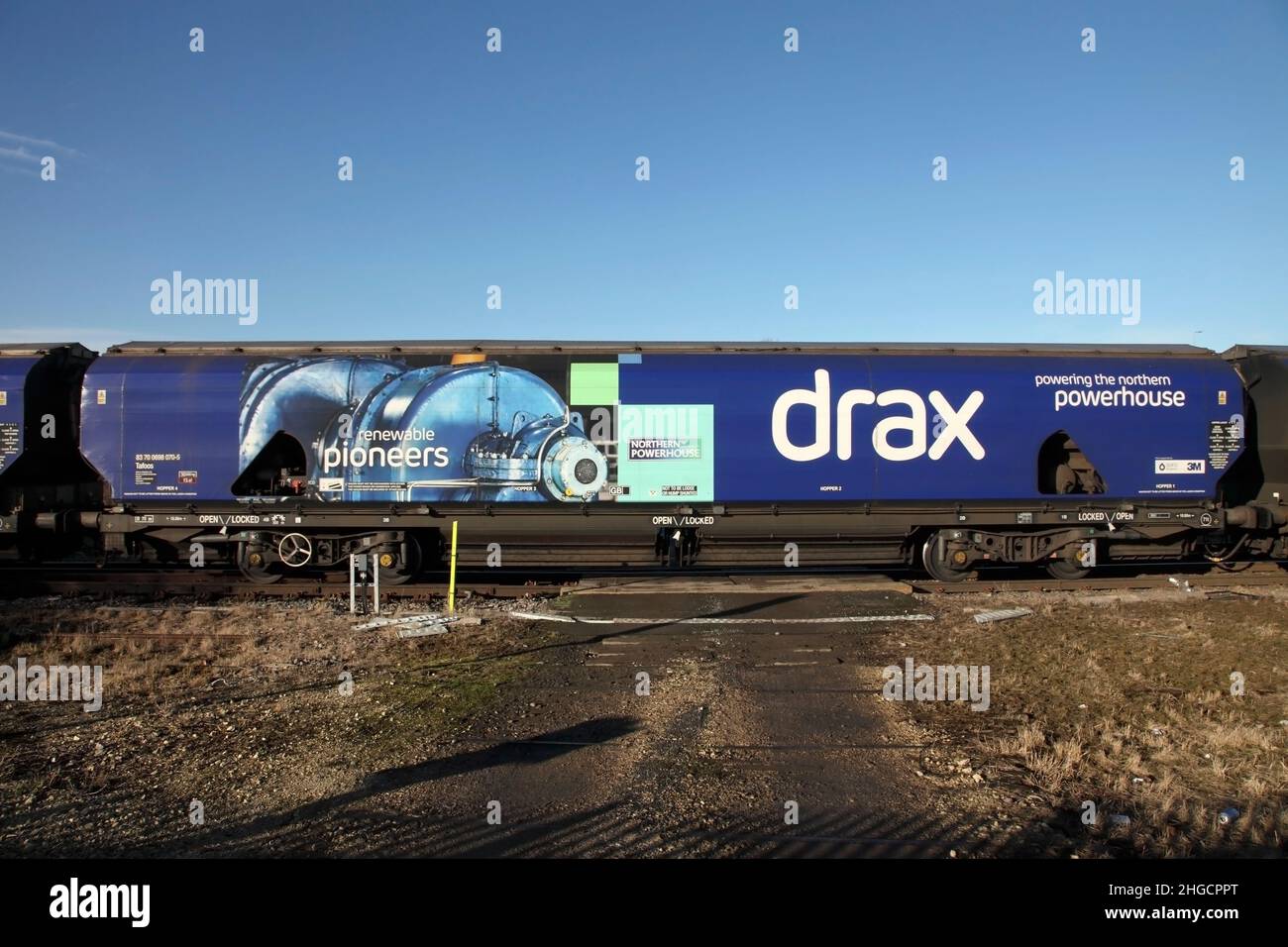GB Railfreight purpose-built type IIA biomass wagon en route to Drax power station, UK. Stock Photo