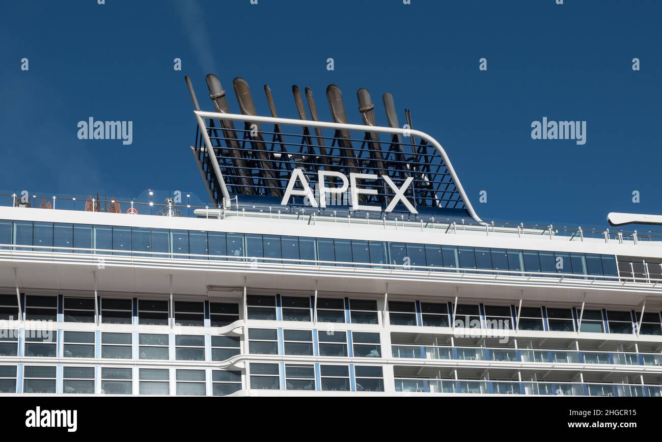 PIRAEUS, GREECE - SEPTEMBER 25, 2021: Side view of cruise ship Apex Celebrity Cruises with logo docked in port of Piraeus, Greece. Stock Photo