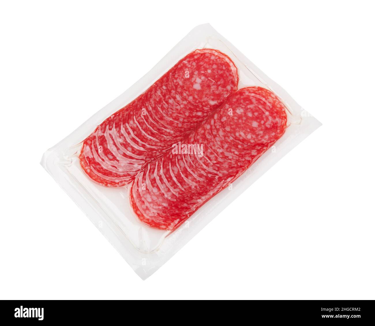 Vacuum packed sausage slices isolated on white background Stock Photo