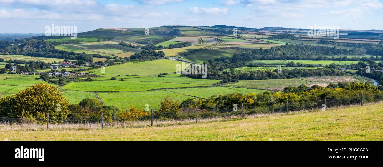 Landscape panoramic view of British Countryside of Arun Valley including South & North Stoke in South Downs National Park, West Sussex, England, UK. Stock Photo