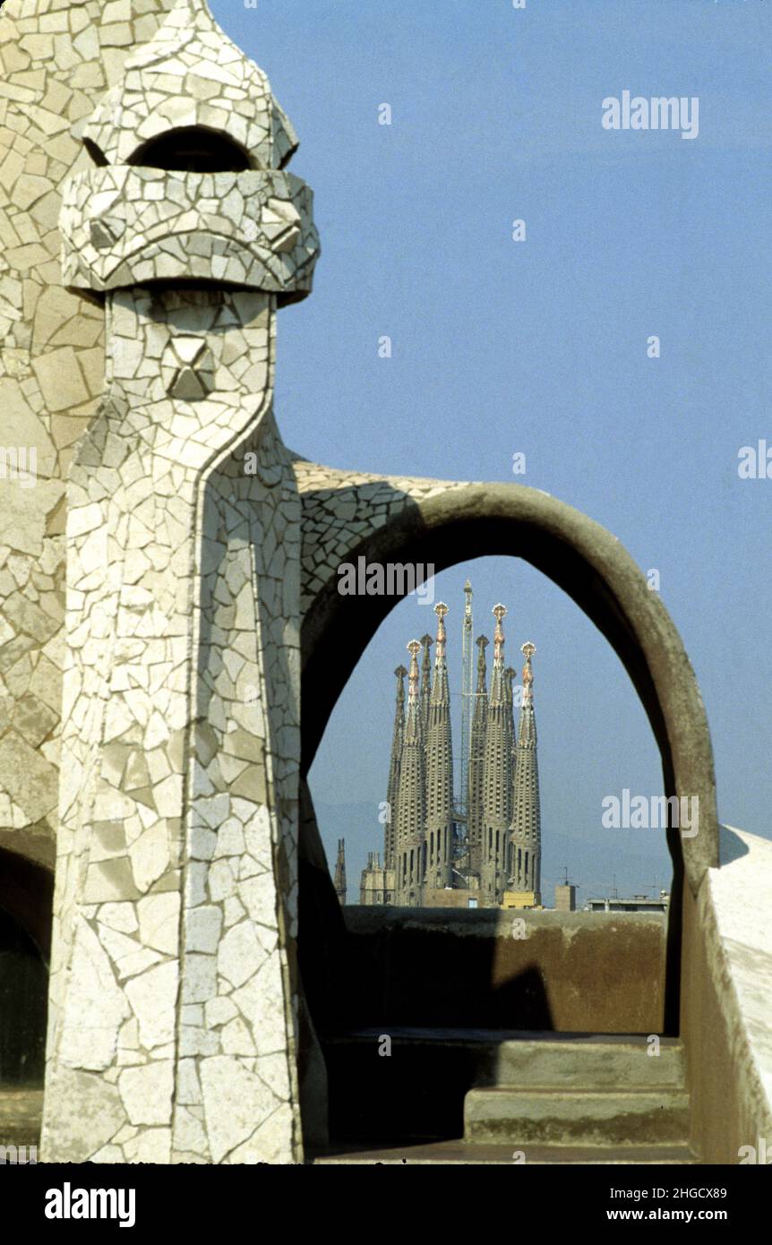 View from casa la pedrera Spain Barcelona Sagrada Familia detail Antoni Gaudi Architect Stock Photo