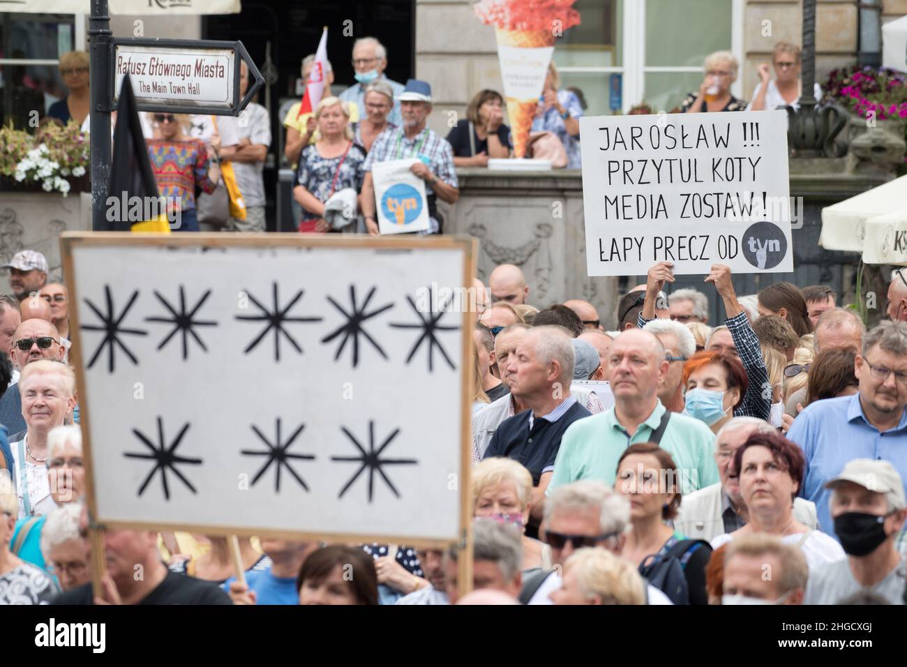 Protest against the so called Lex TVN law and in defense of free media, especially independent US-owned TVN and TVN24 in Gdansk, Poland. August 10th 2 Stock Photo