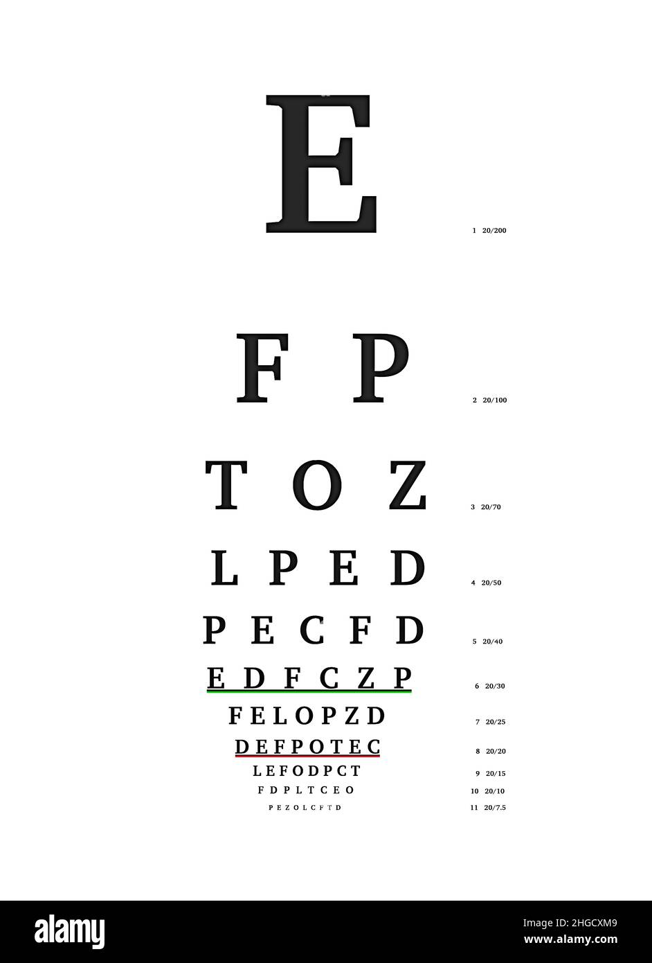 Ophthalmic table for eye examination. English letters on a white background, isolated Stock