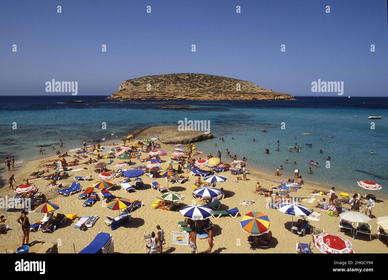 Spain baleares island Ibiza crowded beach summer tourism Stock Photo