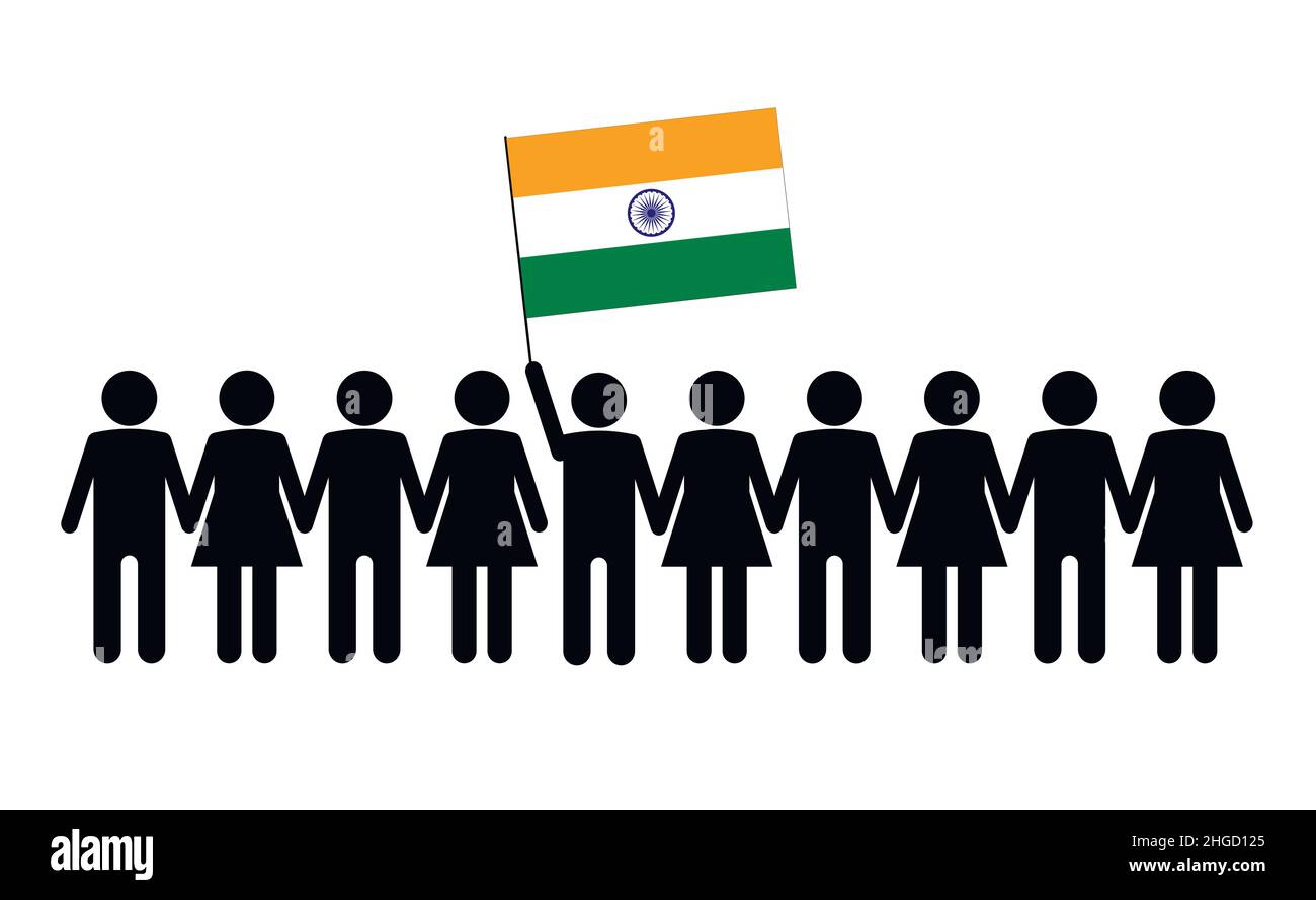 Sketch of a crowd and a leader with the flag of India. Protests concept. Stock Vector