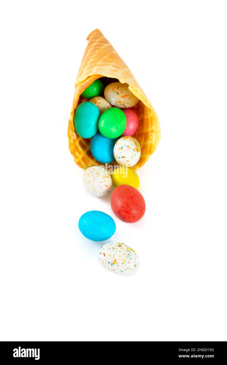 chocolate eggs in waffle cone isolated on white Stock Photo Alamy