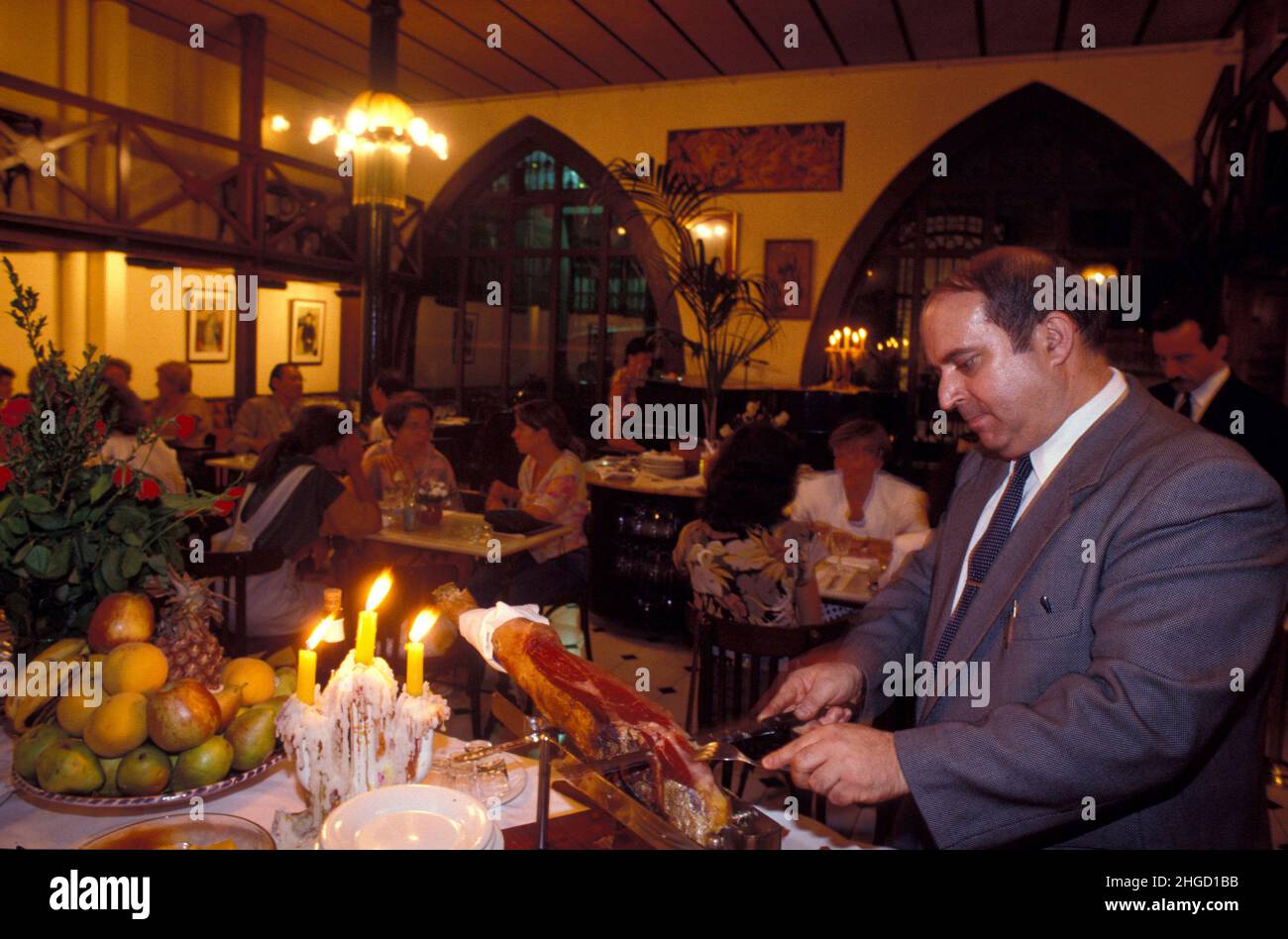 Barcelona tradiotinal restaurant " los quatros gatos" serrano ham Stock Photo