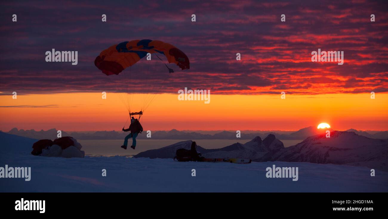 Parachute in sunset over the magical island of Lofoten in northern Norway, Scandinavia Stock Photo