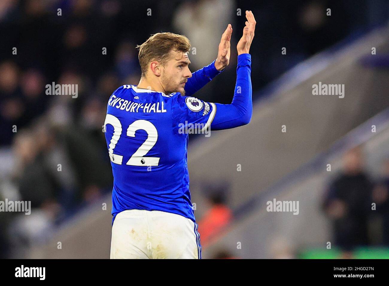 Kiernan Dewsbury-Hall #22 of Leicester City applauds the fans as