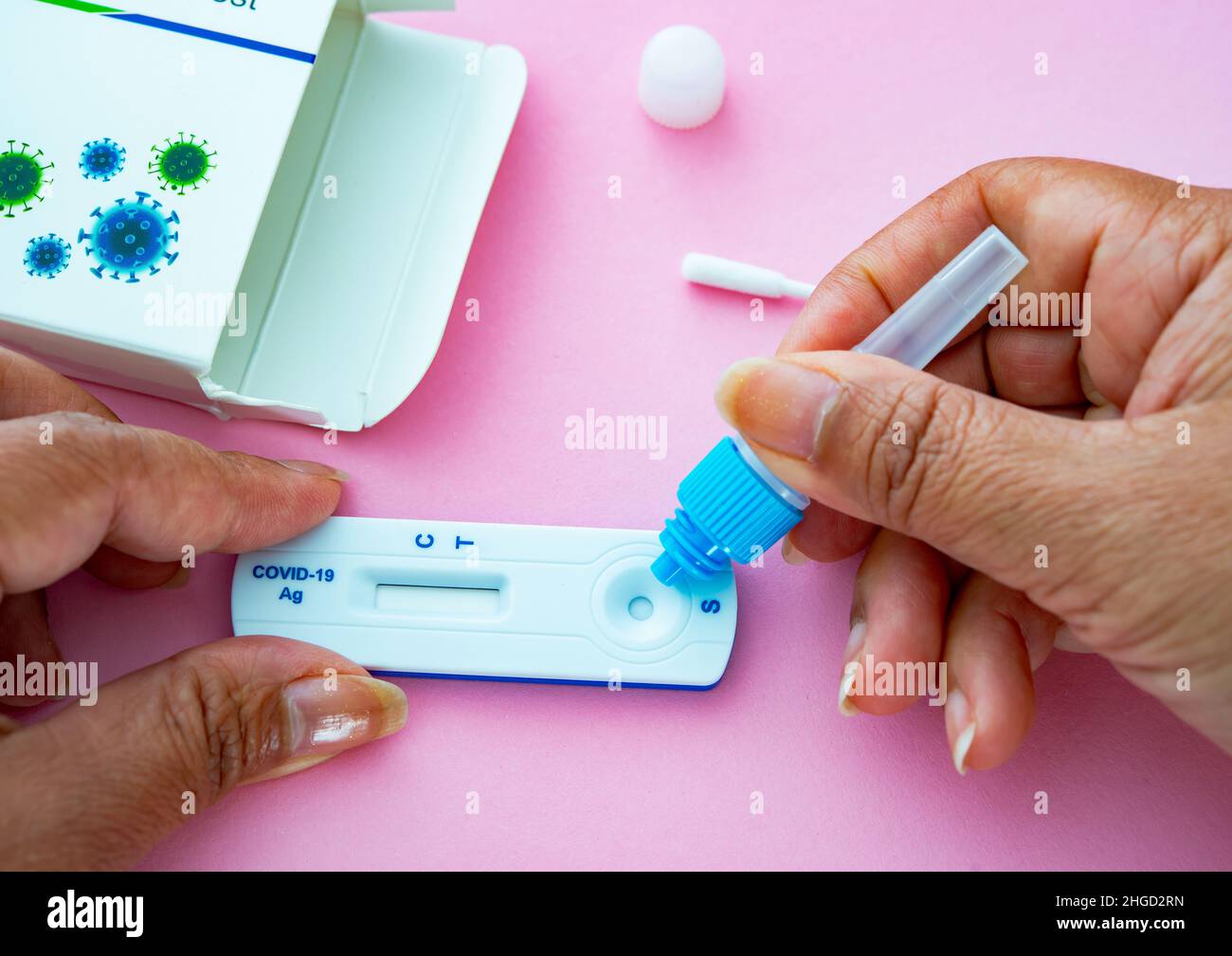 ATK SARS Cov 2 coronavirus rapid antigen test nasal kit. Corona virus test kid at home. Stock Photo