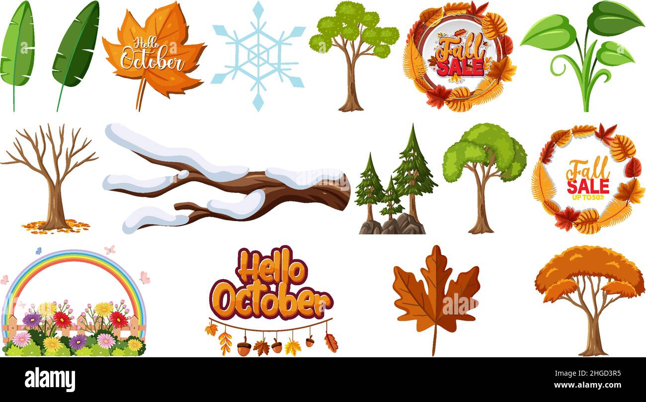 Set of four seasons trees and nature objects illustration Stock Vector ...