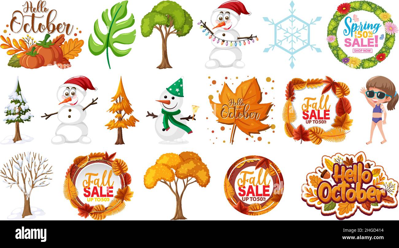 Set of four seasons trees and nature objects illustration Stock Vector ...