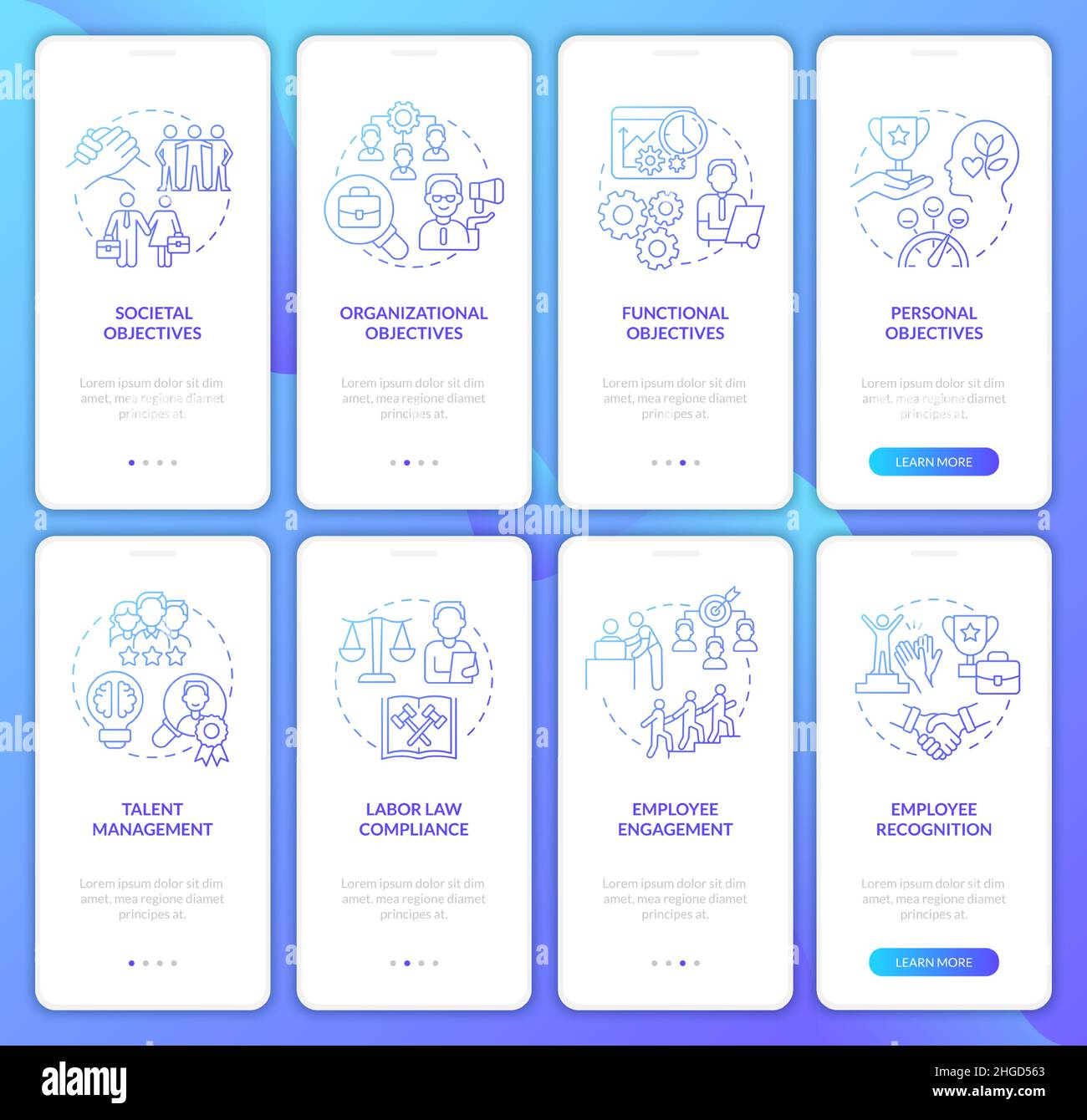 HR and management blue gradient onboarding mobile app screen set Stock ...