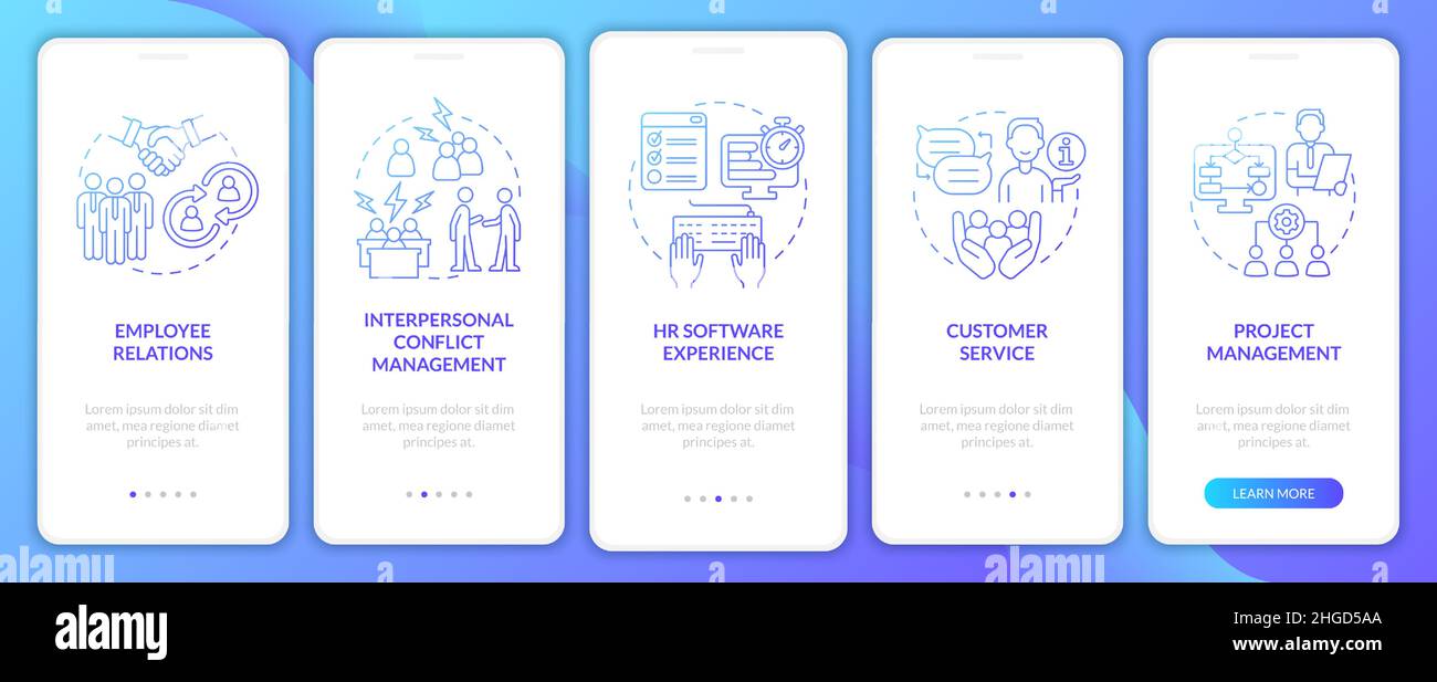 Skills for HR manager blue gradient onboarding mobile app screen Stock Vector