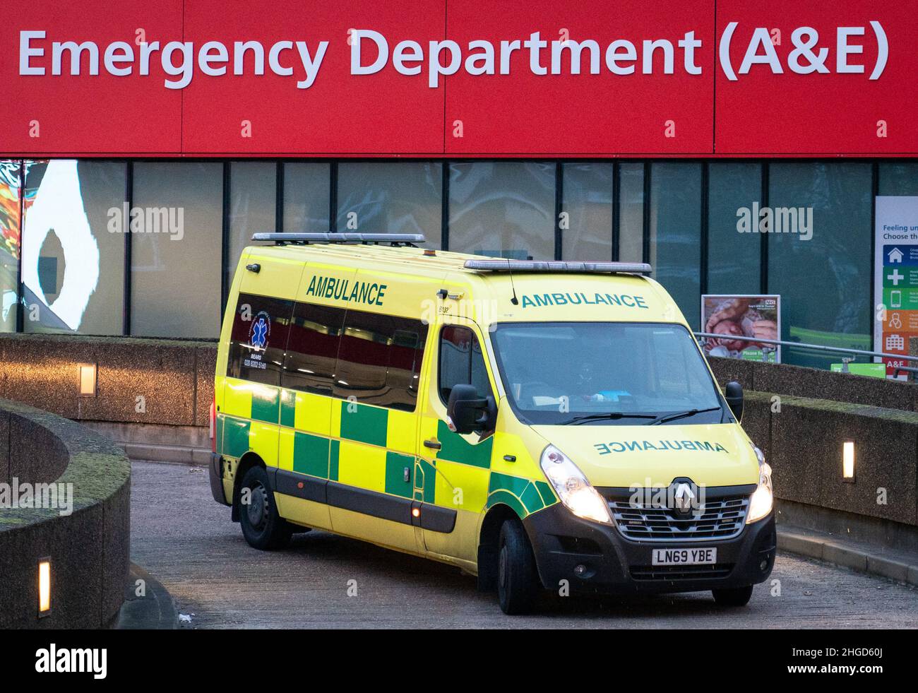 File photo dated 06/01/22 of an ambulance outside a Accident and Emergency Department, as ambulance handover delays at A&E departments in England improved slightly last week, though hospital pressures 'remain high', figures show. Stock Photo