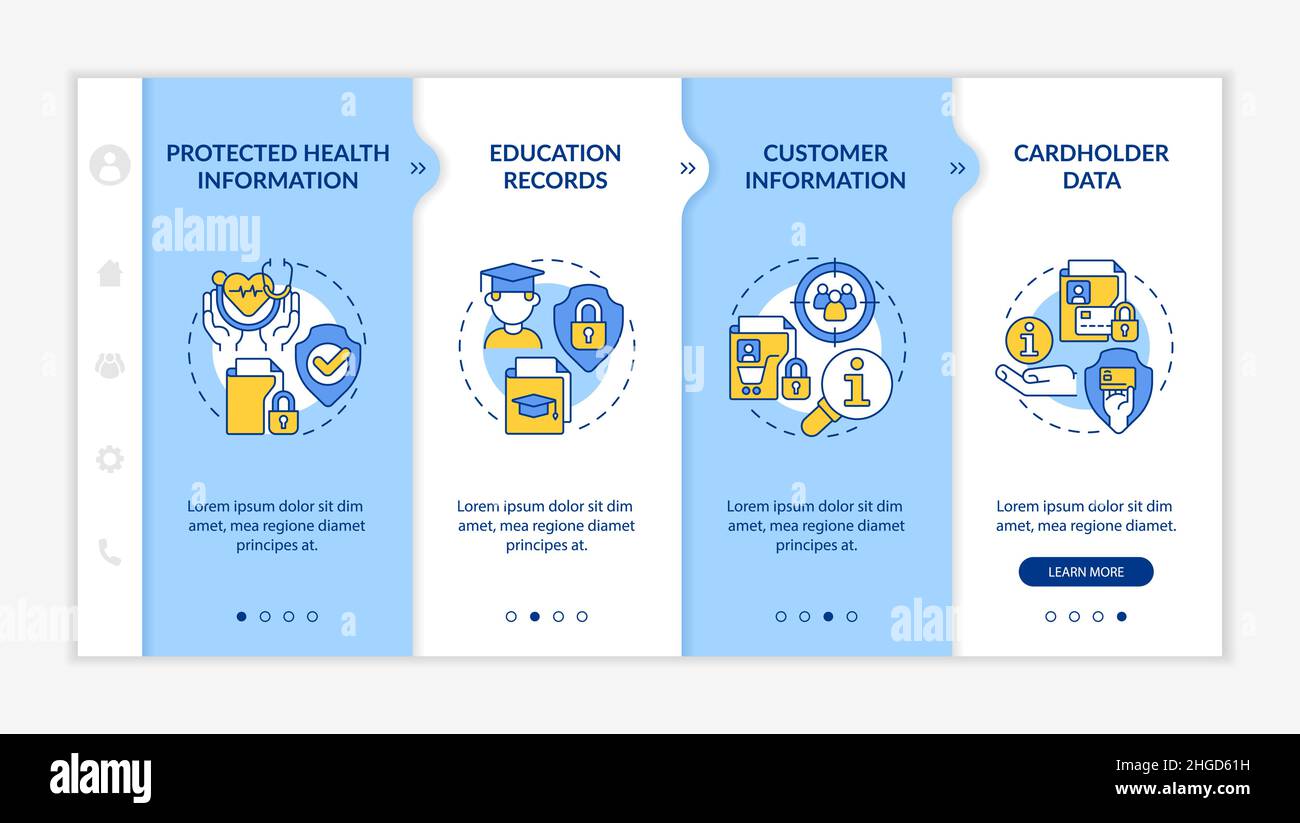 Examples of sensitive data blue and white onboarding template Stock Vector