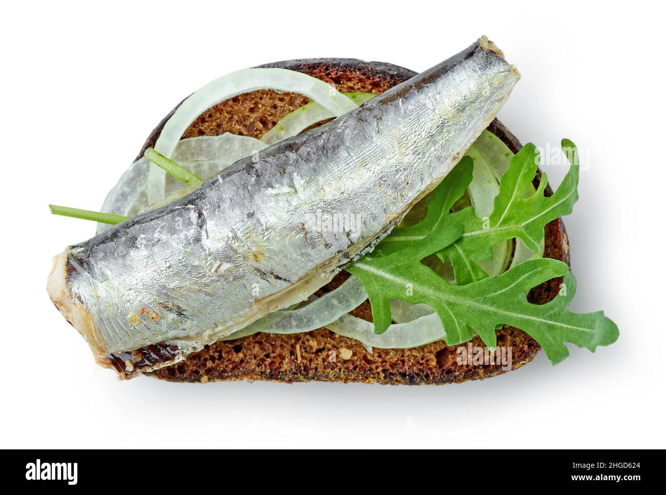 canned sardine on bread slice isolated on white background Stock Photo