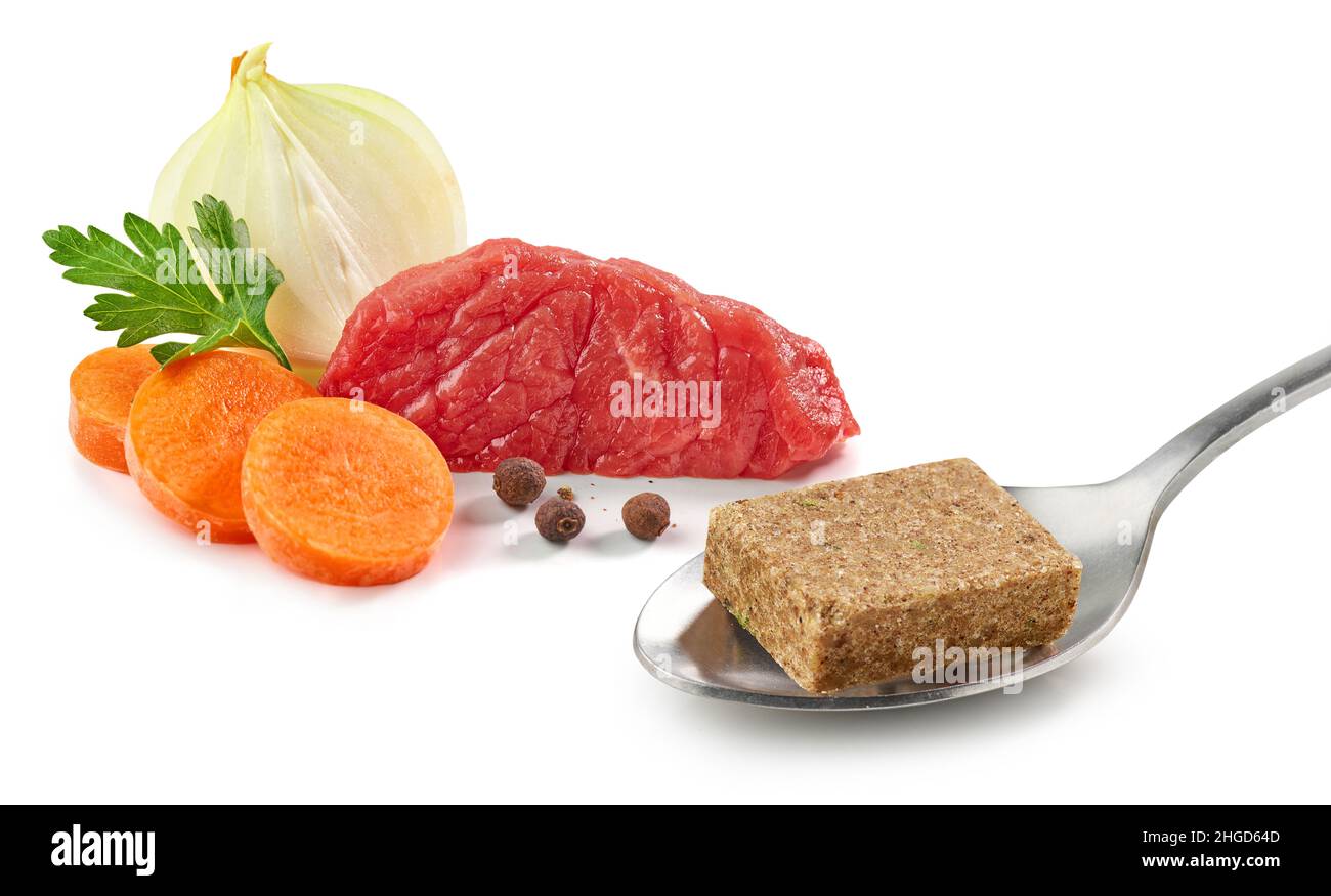 instant beef broth cube and ingredients isolated on white background