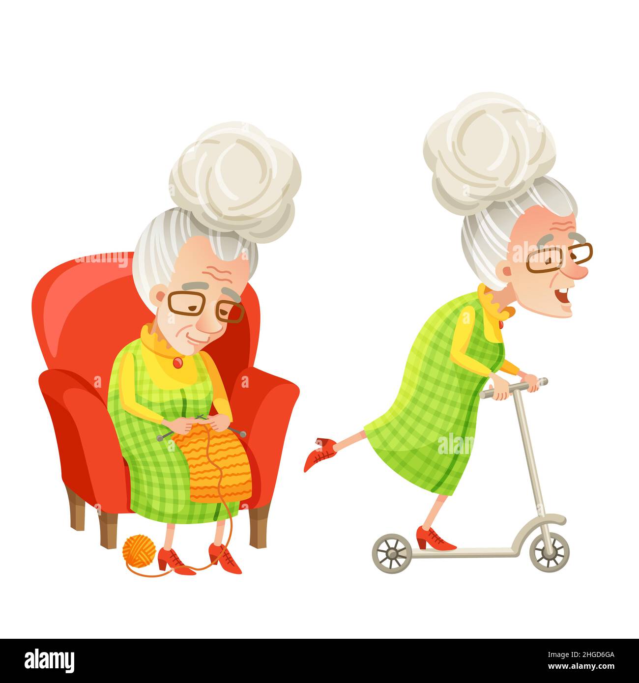 Happy senior woman in a chair knits. An active retired grandmother rides carelessly on a scooter. Retirees' daily activities, routine and entertainmen Stock Vector