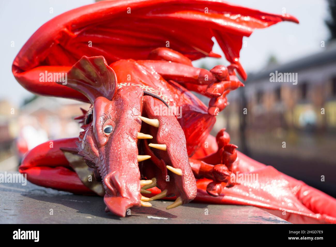 Close up of Red dragon hand puppet outdoors in the sunshine. Stock Photo