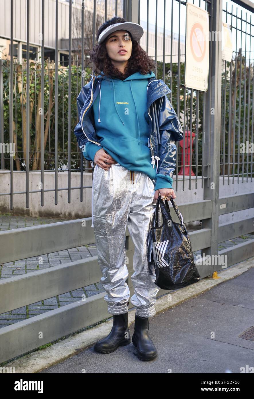 Chiara Scelsi street style outfit after K.way fashion show during Milano  fashion week man collections Fall/winter 2022/2023 Stock Photo - Alamy