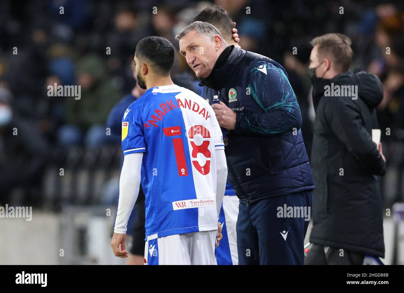 Blackburn Rovers' Dilan Markanday with manager Tony Mowbray on the touchline during the Sky Bet Championship match at MKM Stadium, Kingston upon Hull. Picture date: Wednesday January 19, 2022. Stock Photo