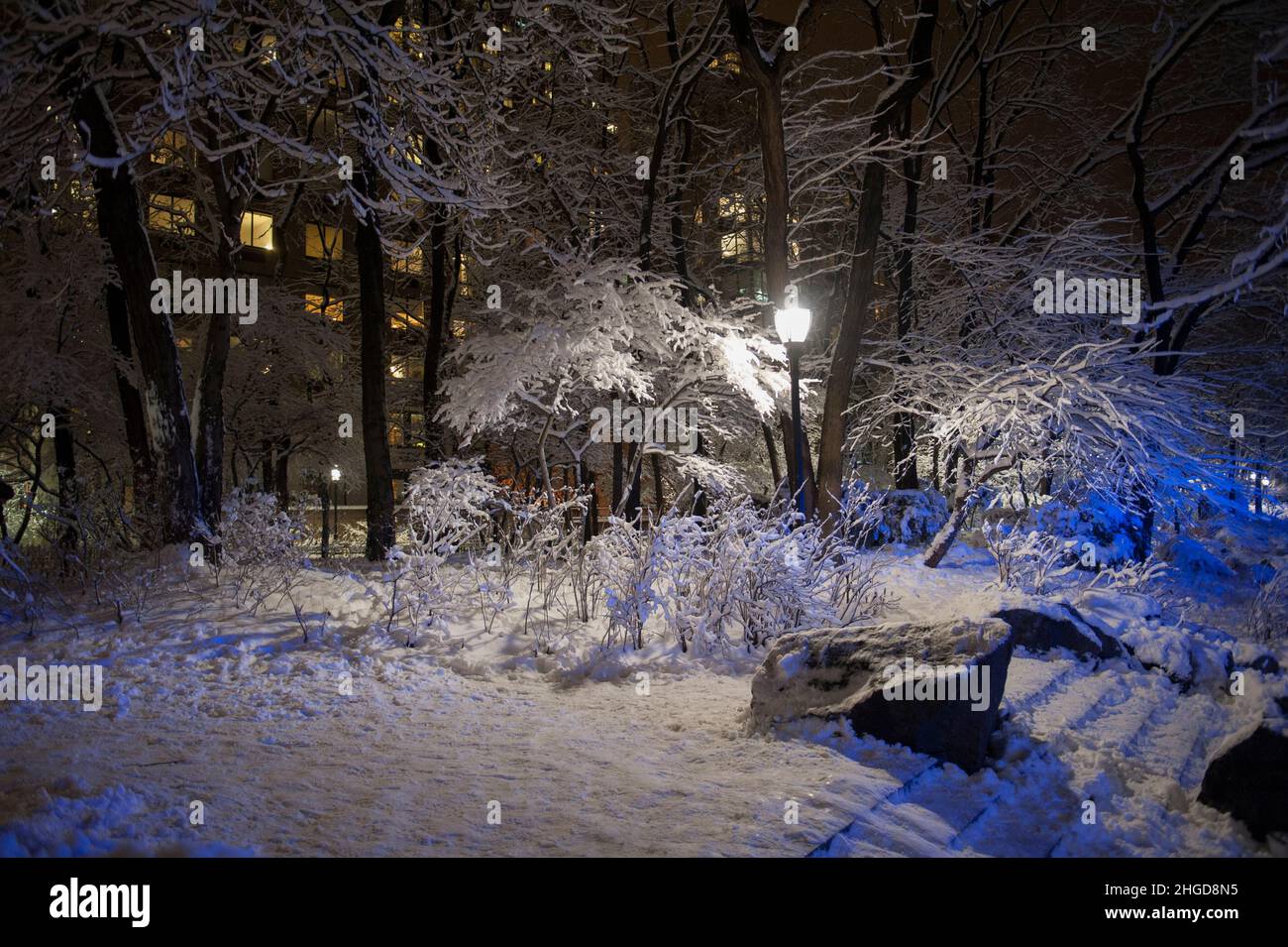 South Cove in Battery Park City, Manhattan, after a snowstorm. Feb. 3, 2013 Stock Photo