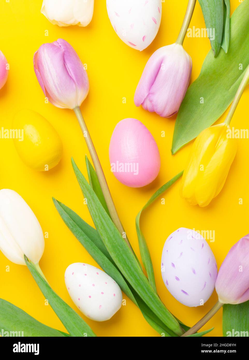 Easter greeting card. Multicolored easter eggs and tulips on yellow background. Easter concept Stock Photo
