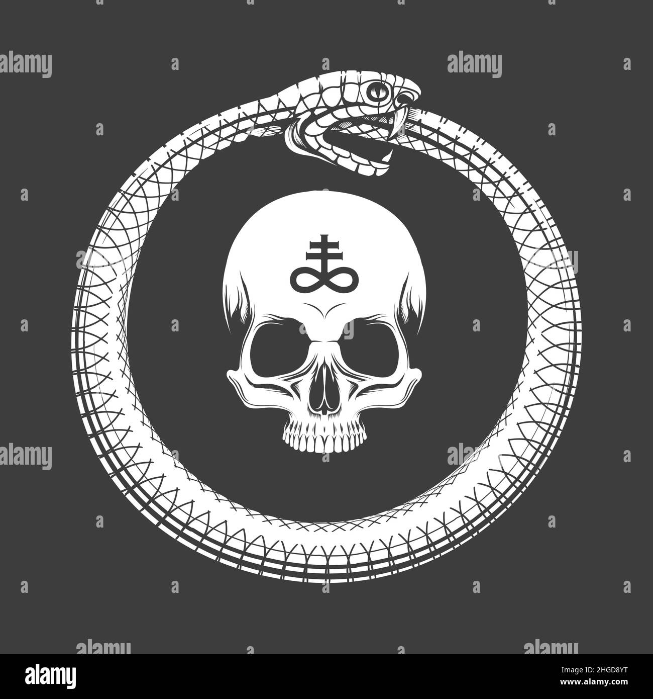 Esoteric Emblem of Ouroboros Snake and skull inside isolated on black. Vector illustration. Stock Vector