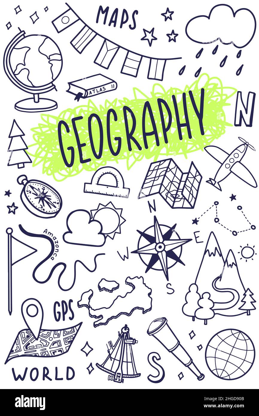 Geography symbols icons set. School subject design. Education outline