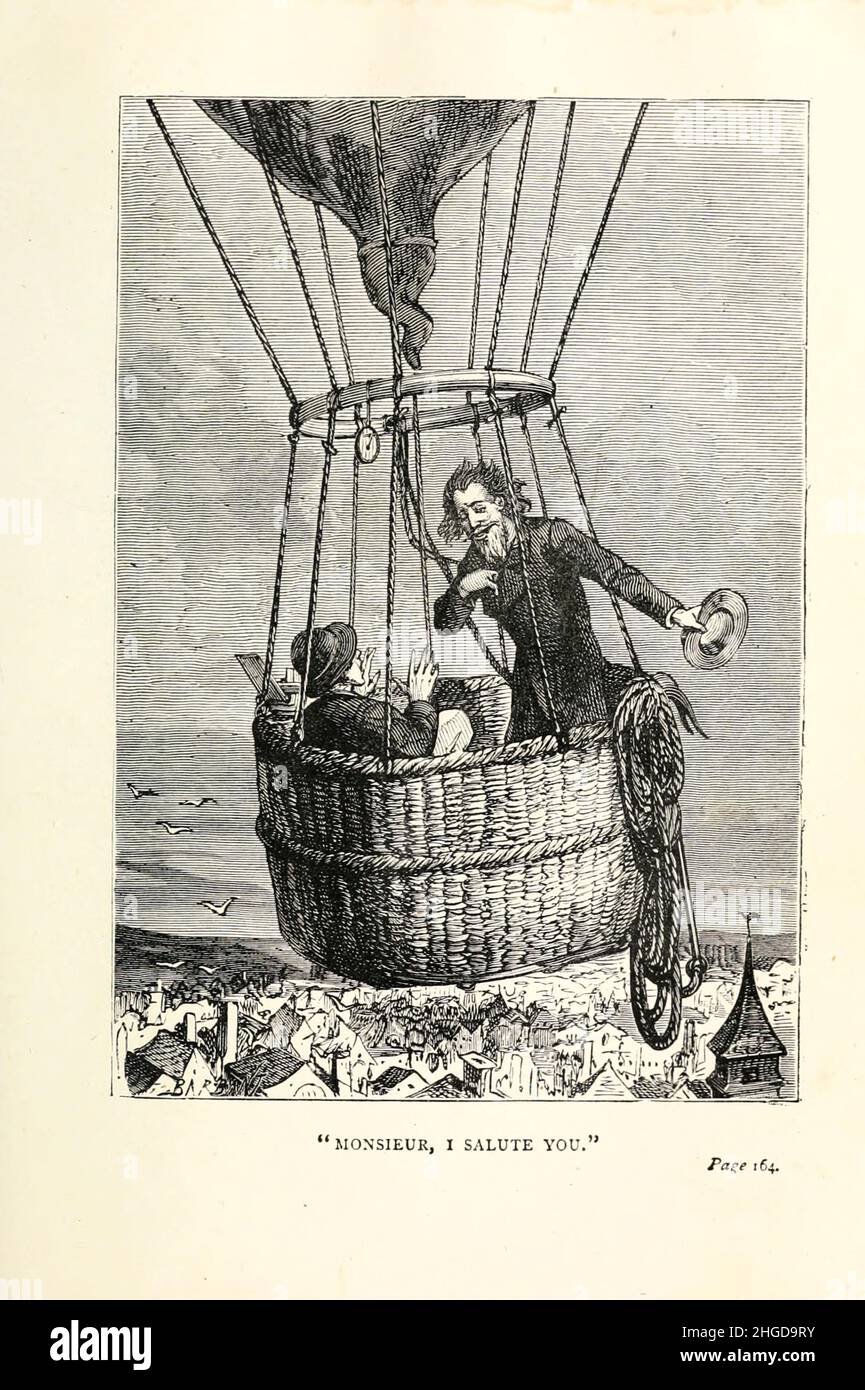 Monsieur, I salute you by Émile-Antoine Bayard from ' A Drama in the Air ' (French: ''Un drame dans les airs'') is an adventure short story by Jules Verne. The story was first published in August 1851 under the title 'Science for families. A Voyage in a Balloon' ('La science en famille. Un voyage en ballon') in Musée des familles. In 1874, with six illustrations, it was included in Doctor Ox, the only collection of Jules Verne's short stories published during Verne's lifetime. An English translation by Anne T. Wilbur, published in May 1852 in Sartain's Union Magazine of Literature, marked the Stock Photo