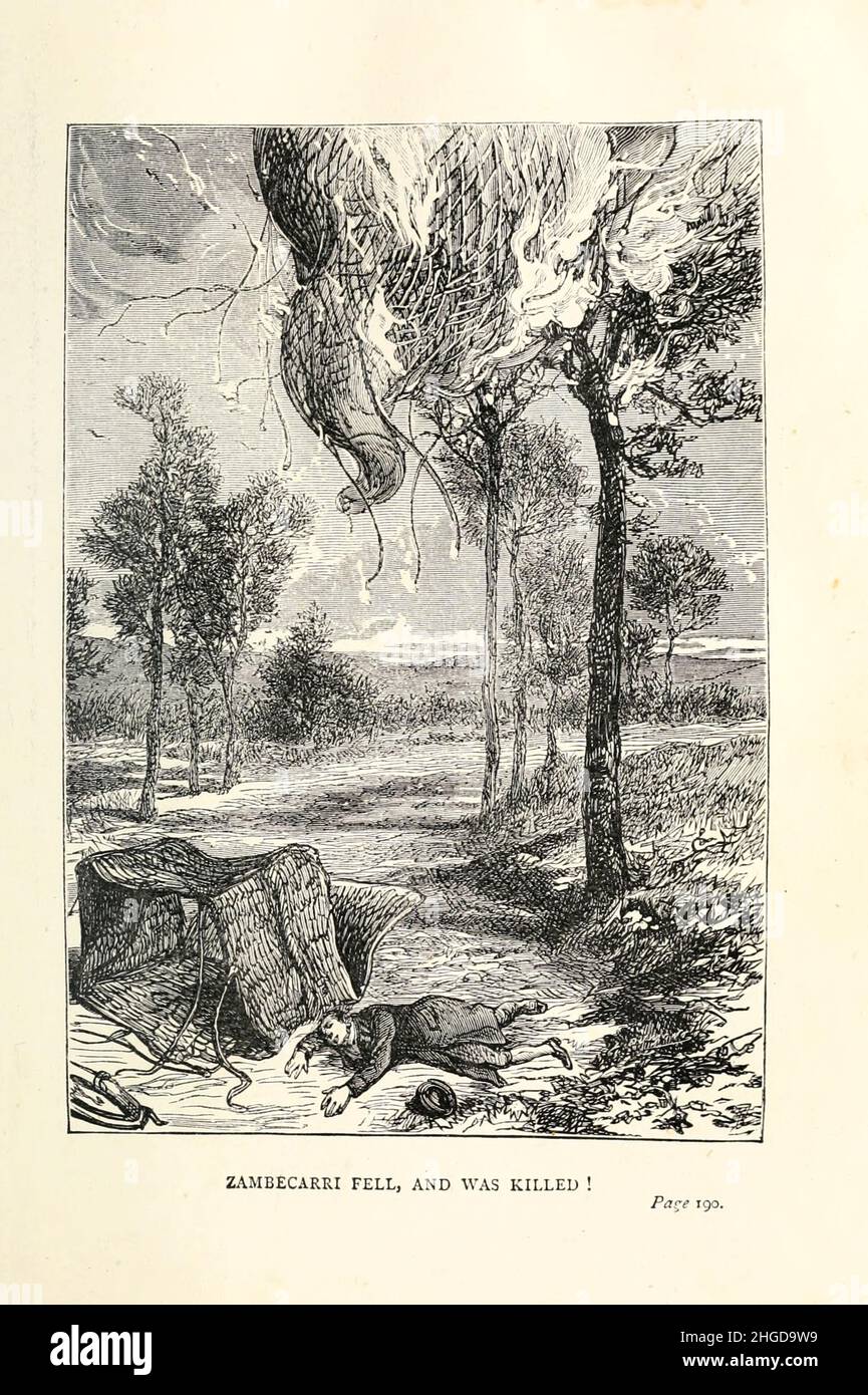 Zambecarri fell, and was killed ! by Émile-Antoine Bayard from ' A Drama in the Air ' (French: ''Un drame dans les airs'') is an adventure short story by Jules Verne. The story was first published in August 1851 under the title 'Science for families. A Voyage in a Balloon' ('La science en famille. Un voyage en ballon') in Musée des familles. In 1874, with six illustrations, it was included in Doctor Ox, the only collection of Jules Verne's short stories published during Verne's lifetime. An English translation by Anne T. Wilbur, published in May 1852 in Sartain's Union Magazine of Literature, Stock Photo