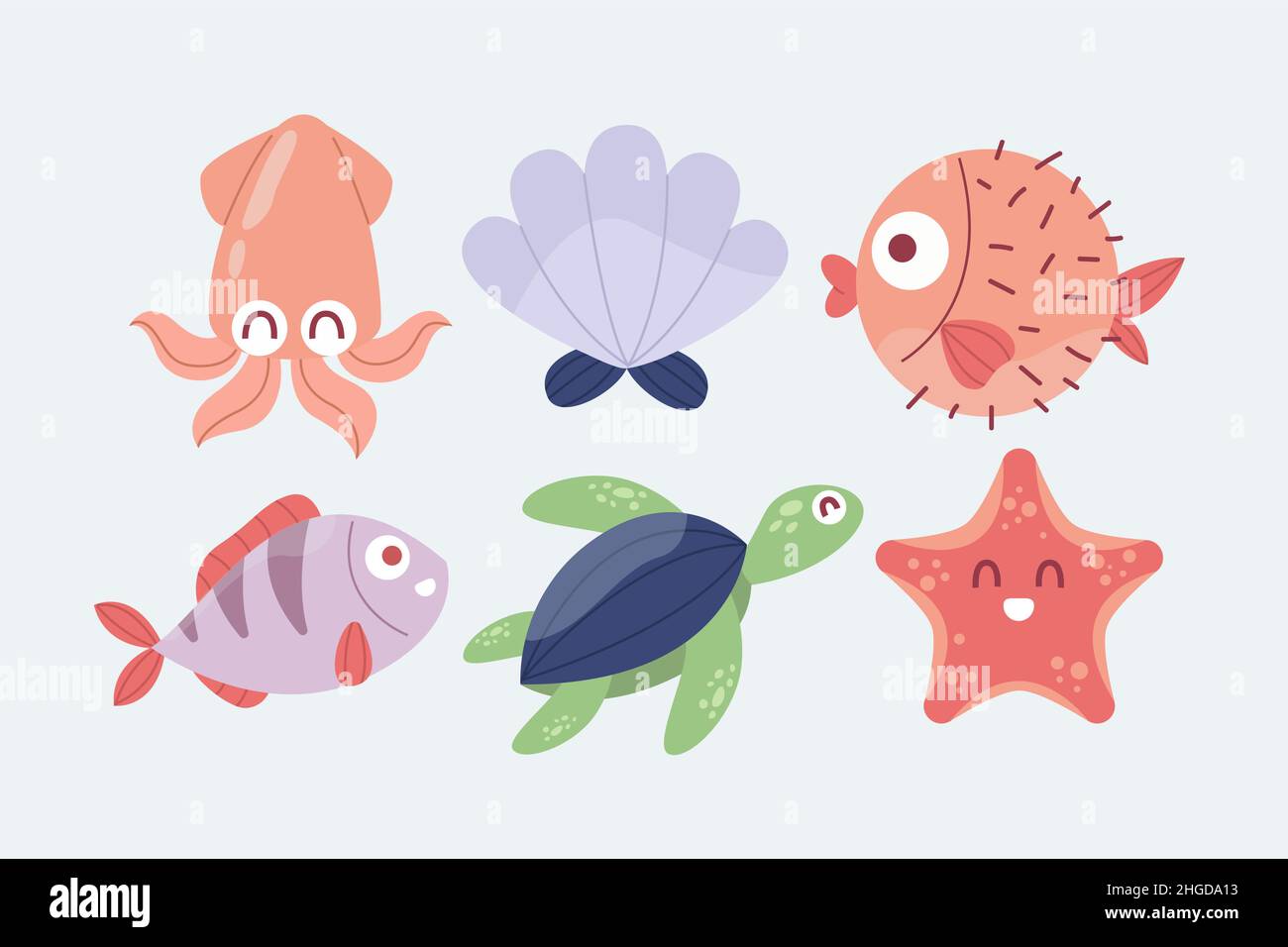 Hand drawn flat design sea animals set Vector illustration. Stock Vector