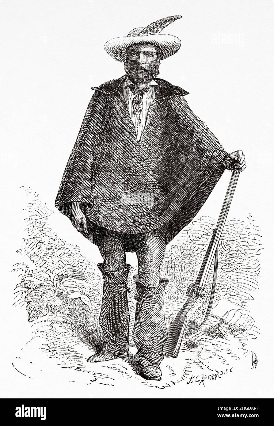 Portrait of a tracker, southern Peru. South America. Old 19th century engraved illustration from Journey across South America by Paul Marcoy, Le Tour du Monde 1870 Stock Photo