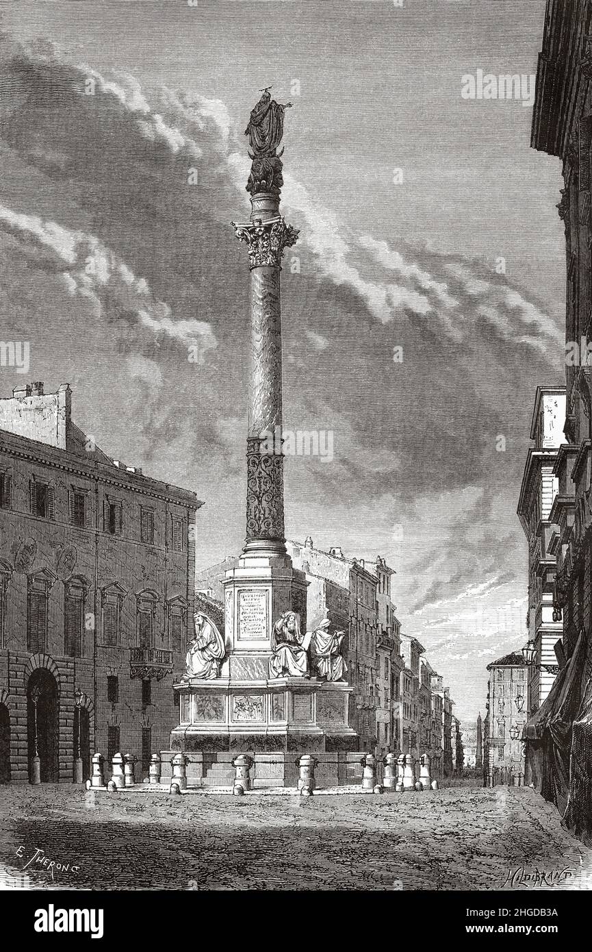 Column of the Immaculate Conception, Colonna della Immacolata. Piazza di Spagna, Rome. Italy, Europe. Old 19th century engraved illustration from Trip to Rome by Francis Wey, Le Tour du Monde 1870 Stock Photo