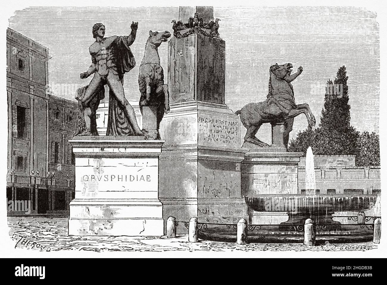 Monte Cavallo Fountain. Dioscuri Fountain by Domenico Fontana, in Quirinale Square, Rome. Italy, Europe. Old 19th century engraved illustration from Trip to Rome by Francis Wey, Le Tour du Monde 1870 Stock Photo