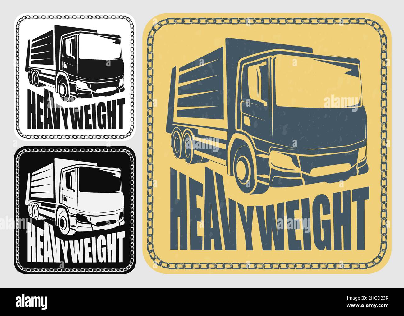 Old iron chain framed square sticker with heavy truck in retro style