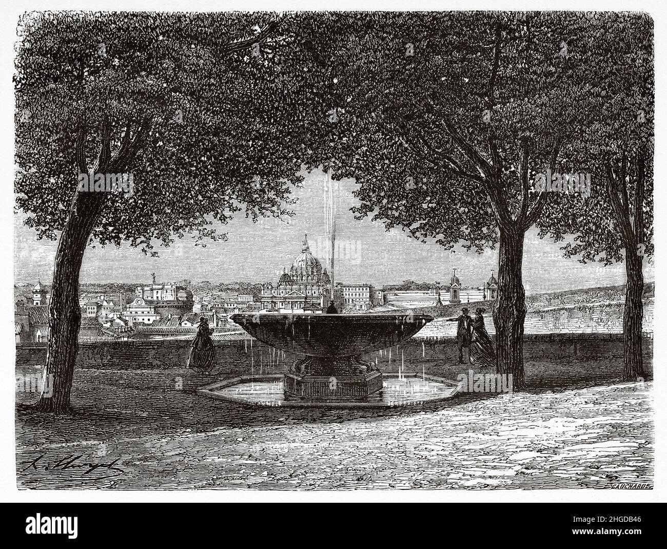 Gardens and fountain of France the French Academy in Rome, Villa Medici, Rome. Italy, Europe. Old 19th century engraved illustration from Trip to Rome by Francis Wey, Le Tour du Monde 1870 Stock Photo