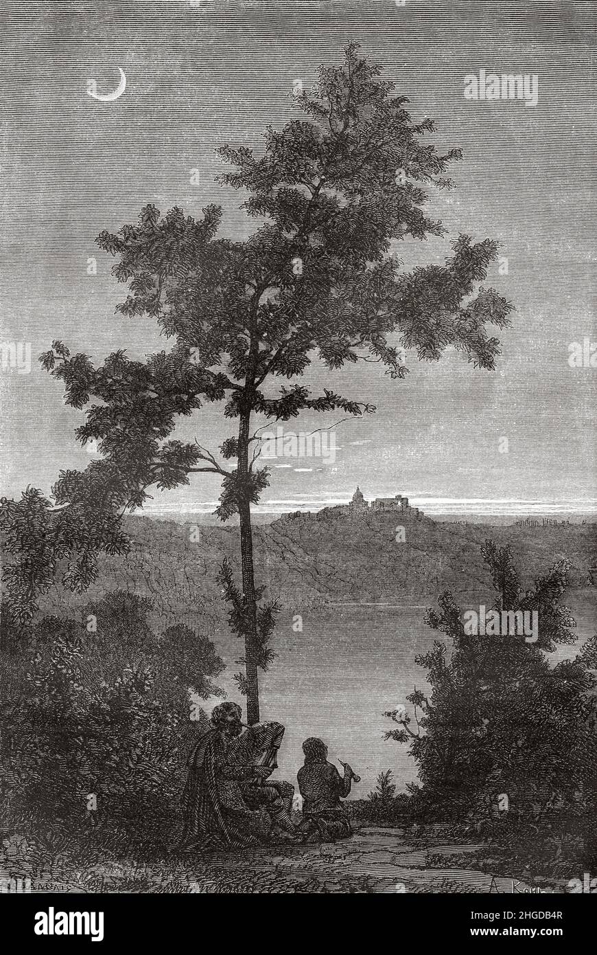 Lake Albano, the Papal Palace of Castel Gandolfo, Rome. Italy, Europe. Old 19th century engraved illustration from Trip to Rome by Francis Wey, Le Tour du Monde 1870 Stock Photo