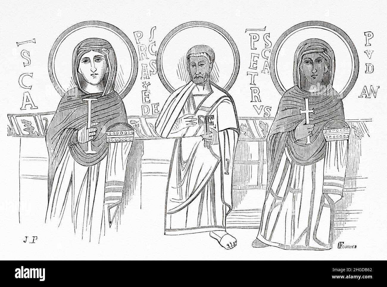 The Saints Praxedes, Pudentiana and Paul the Apostle, mural painting at the Catacomb of Priscilla, Rome. Italy, Europe. Old 19th century engraved illustration from Trip to Rome by Francis Wey, Le Tour du Monde 1870 Stock Photo