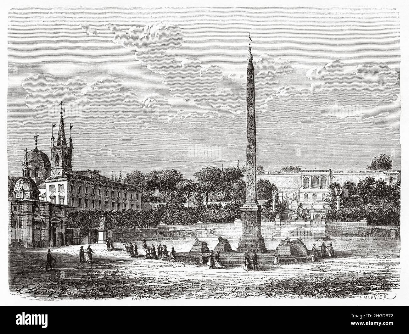 Basilica Papale di Santa Maria Maggiore. Church of St. Mary of the People and Pincio Terrace, Rome. Italy, Europe. Old 19th century engraved illustration from Trip to Rome by Francis Wey, Le Tour du Monde 1870 Stock Photo
