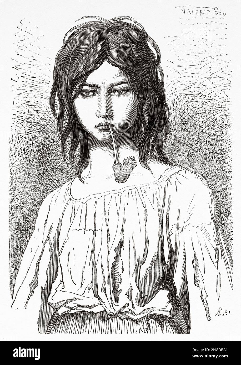 Portrait of gypsy girl smoking a tobacco pipe, Essek zingara, Slavonija region of Croatia, Europe. Old 19th century engraved illustration from Voyage to the Southern Slavs by Georges Perrot, Le Tour du Monde 1870 Stock Photo