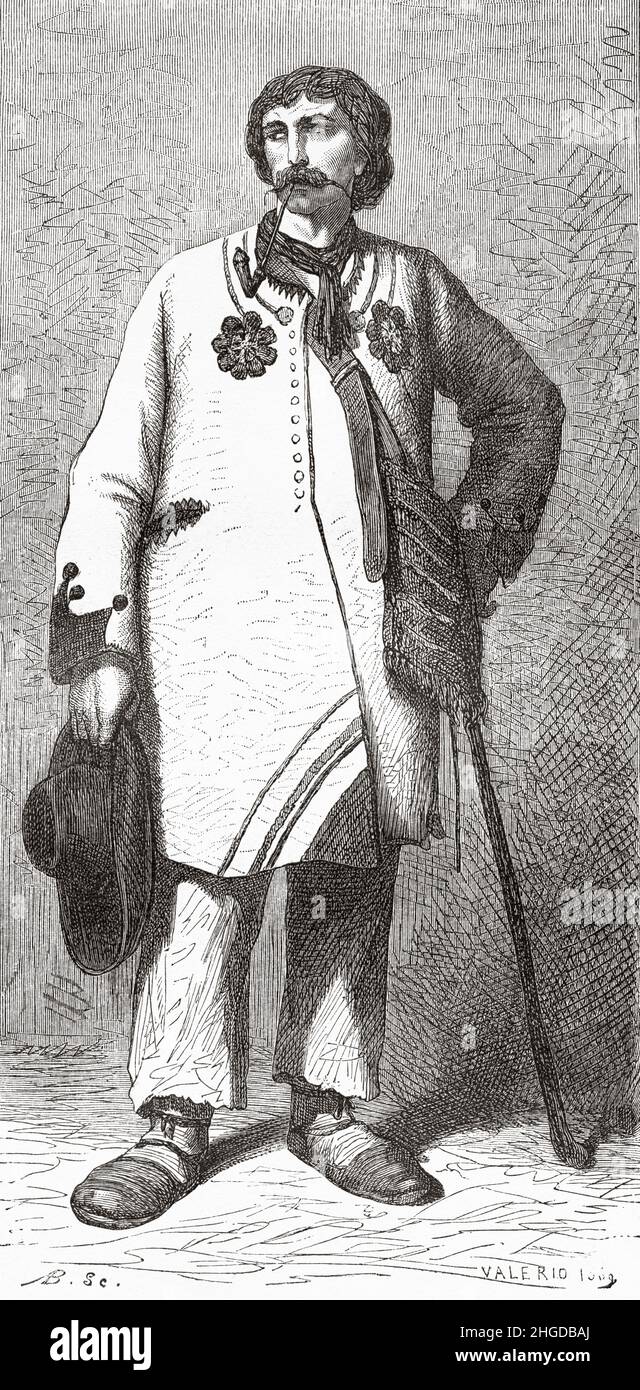 Slavonic peasant, Slavonija region of Croatia, Europe. Old 19th century engraved illustration from Voyage to the Southern Slavs by Georges Perrot, Le Tour du Monde 1870 Stock Photo